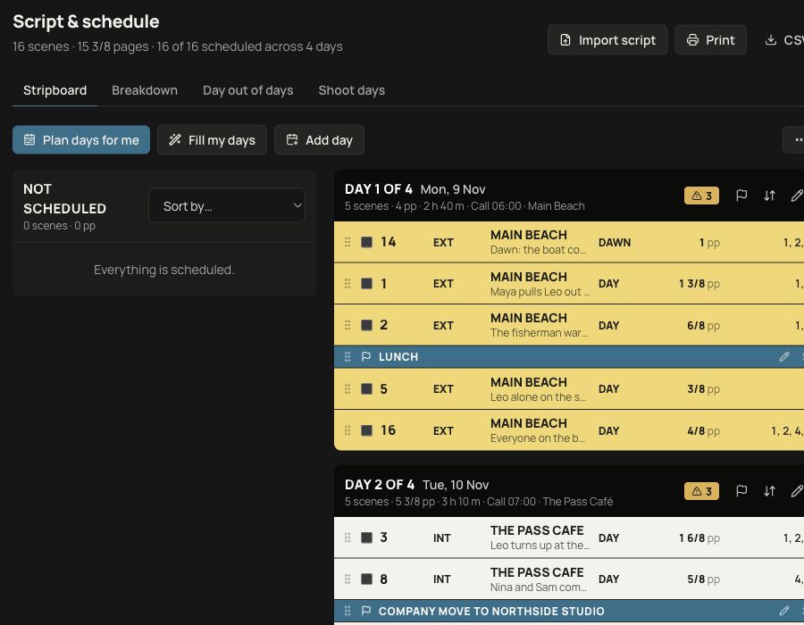 Timecode schedule with fictional scene strips for Saltwater.